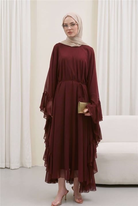 Yanı Fırfırlı Asimetrik Kesim Bağcıklı İçlikli Şifon Elbise Abaya Takım  -Bordo-Elbise-114-1422-R04