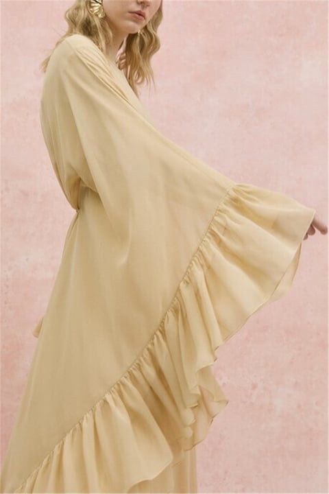 Yanı Fırfırlı Asimetrik Kesim Bağcıklı İçlikli Şifon Elbise Abaya Takım  -Bej-Elbise-114-1422-R56