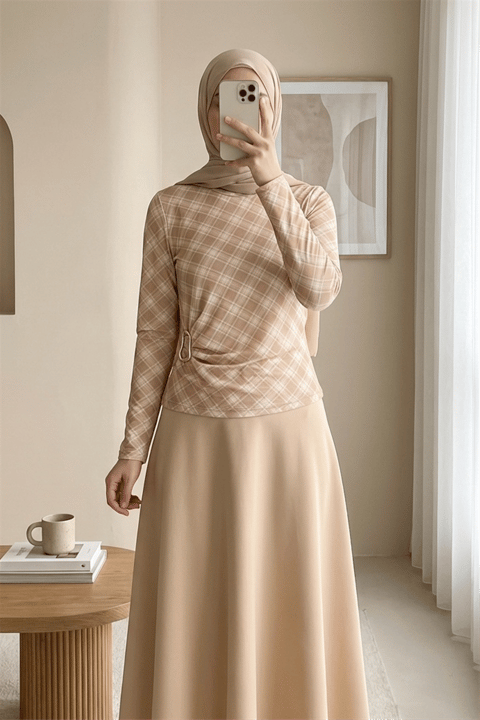 Yanı Tokalı Ekose Desenli Bluz -Bej-Bluz-246-2821-R56
