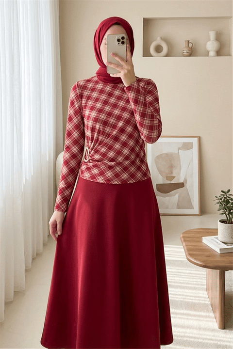 Yanı Tokalı Ekose Desenli Bluz -Bordo-Bluz-246-2821-R04