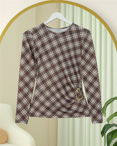 Yanı Tokalı Ekose Desenli Bluz -Kahve-Bluz-246-2821-R15