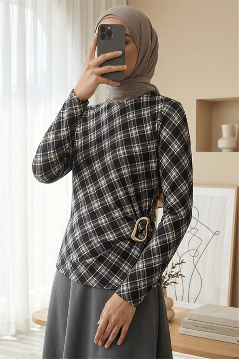 Yanı Tokalı Ekose Desenli Bluz -Siyah-Bluz-246-2821-R01