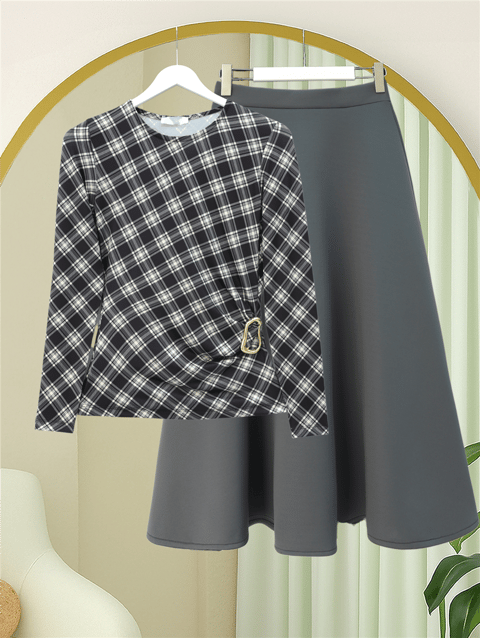 Yanı Tokalı Ekose Desenli Bluz -Siyah-Bluz-246-2821-R01