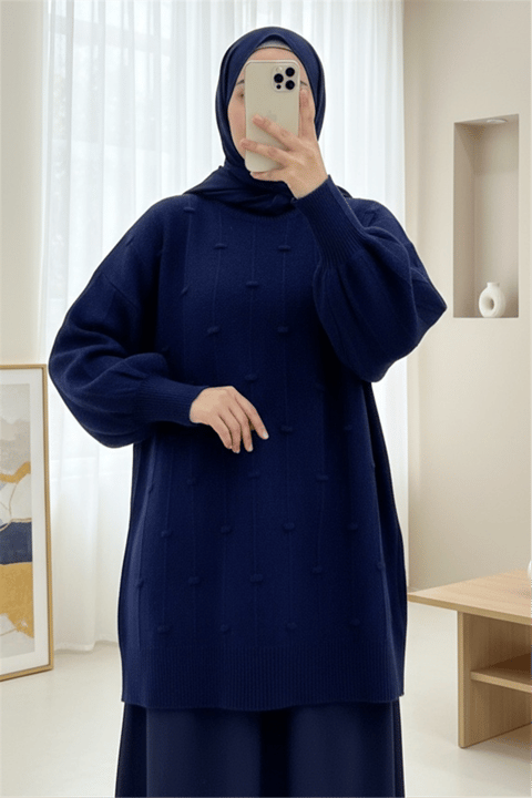Yanı Yırtmaçlı Ponponlu Yumoş Triko Kazak -Laci-Kazak-295-4513-R03