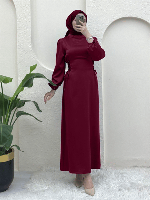Elbise-Yanları Bağlamalı Kolu Lastikli Saten Elbise -Bordo-386-5948-R04