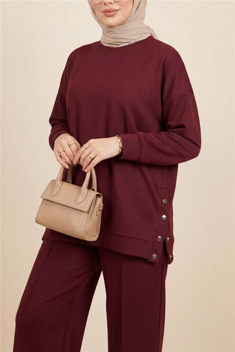 Yanları Çıtçıtlı Çimalı Pantolonlu Oyşo Takım  -Bordo-Takım-436-10060-R04