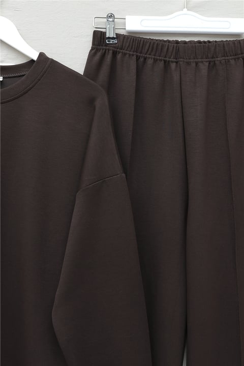 Yanları Çıtçıtlı Çimalı Pantolonlu Oyşo Takım  -K. Kahve-Takım-436-10060-R54