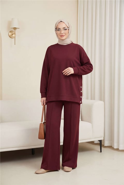 Yanları Çıtçıtlı Çimalı Pantolonlu Oyşo Takım  -Bordo-Takım-436-10060-R04