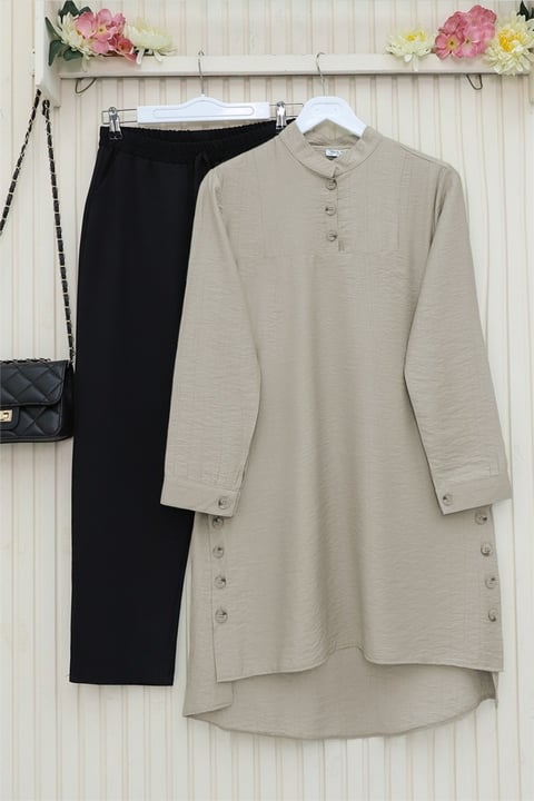 Yanları Düğme Detaylı Hakim Yaka Tunik       -Açık Vizon-Tunik-186-466-R51
