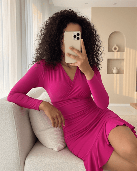Yanları Lastikli Eteği Volanlı Sandy Mini Elbise -Fuşya-Mini Elbise-246-3625-R14