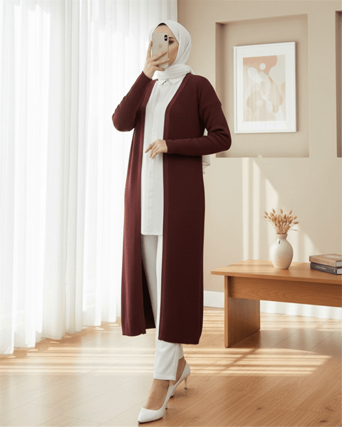 Yanları Yırtmaçlı Fitilli Uzun Triko Hırka  -Bordo-Hırka-109-9738-R04