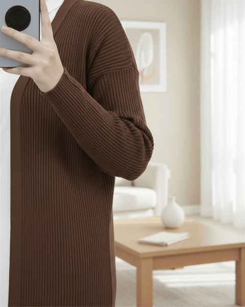 Yanları Yırtmaçlı Fitilli Uzun Triko Hırka -Kahve-Hırka-109-9738-R15