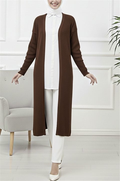 Yanları Yırtmaçlı Fitilli Uzun Triko Hırka -Kahve-Hırka-109-9738-R15