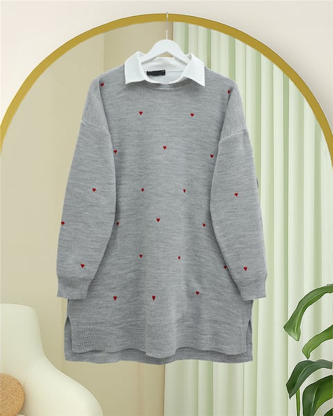 Yanları Yırtmaçlı Kalp Nakışlı Triko Tunik -Gri-Kazak-357-6203-R11