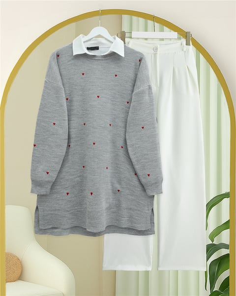 Yanları Yırtmaçlı Kalp Nakışlı Triko Tunik -Gri-Kazak-357-6203-R11