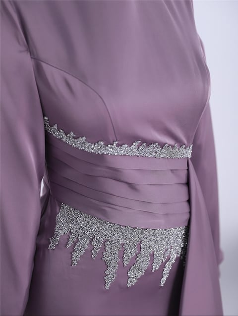 Yapıştırma Taş Detaylı Dik Yaka Saten Abiye -Lila-Saten Abiye-337-6808-R42