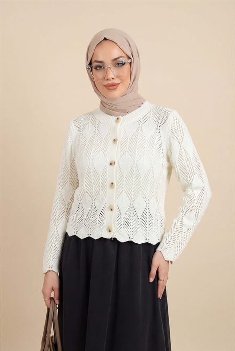 Yaprak Desenli Ajurlu Triko Hırka -Beyaz-Hırka-109-0999-R02