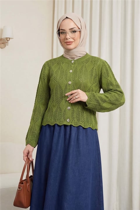 Yaprak Desenli Ajurlu Triko Hırka -F.Yeşili-Hırka-109-0999-R67