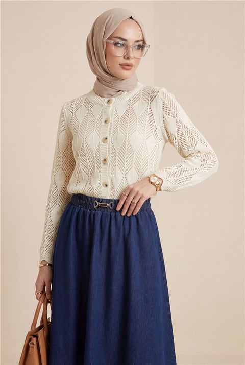 Yaprak Desenli Ajurlu Triko Hırka -Krem-Hırka-109-0999-R28