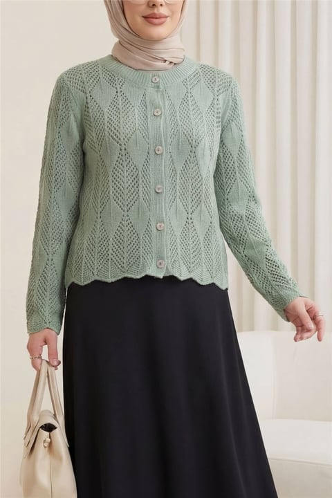 Yaprak Desenli Ajurlu Triko Hırka  -Mint-Hırka-109-0999-R24