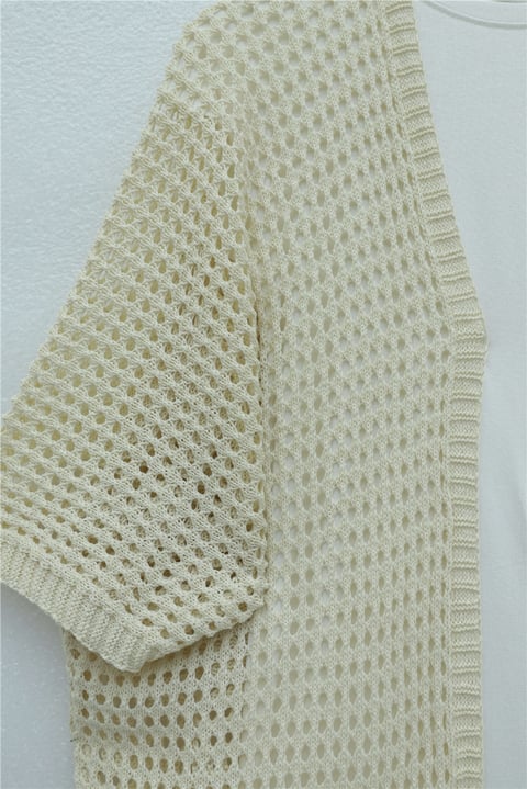 Yarasa Yarım Kol Ajurlu Triko Hırka  -Bej-Hırka-109-0894-R56