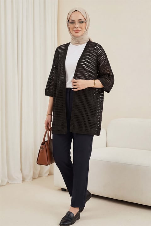 Yarasa Yarım Kol Ajurlu Triko Hırka  -Kahve-Hırka-109-0894-R15