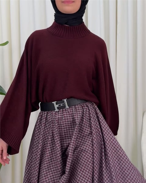 Yarım Boğaz Krop Triko Kazak -Bordo-Kazak-207-1593-R04