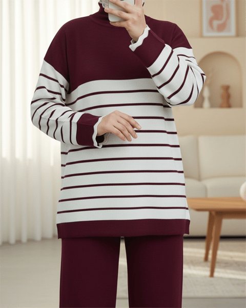 Yarım Boğazlı Çizgili Triko Takım -Bordo-Takım-295-4524-R04