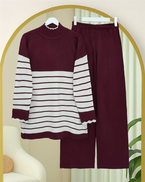 Yarım Boğazlı Çizgili Triko Takım -Bordo-Takım-295-4524-R04