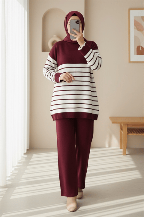 Yarım Boğazlı Çizgili Triko Takım -Bordo-Takım-295-4524-R04