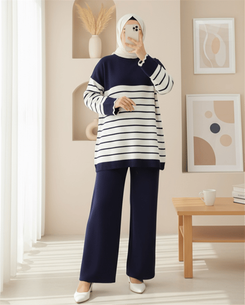 Yarım Boğazlı Çizgili Triko Takım -Laci-Takım-295-4524-R03