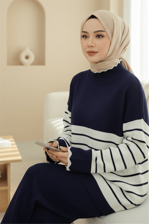 Yarım Boğazlı Çizgili Triko Takım -Laci-Takım-295-4524-R03