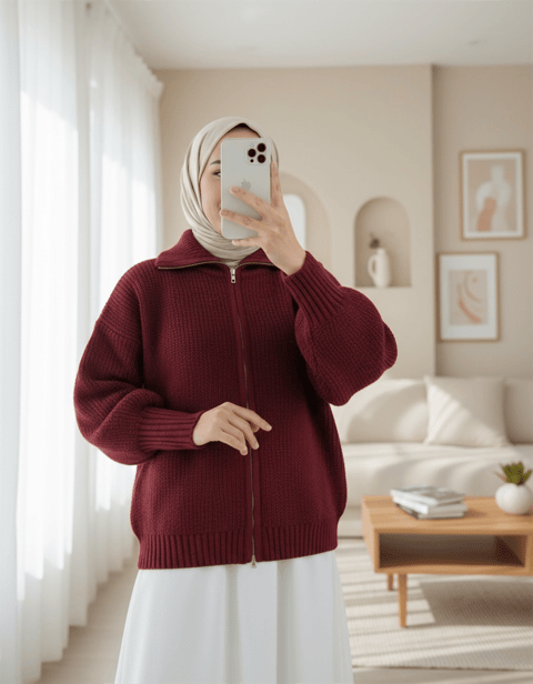 Yarım Boğazlı Fermuarlı Triko Hırka -Bordo-Hırka-109-0887-R04