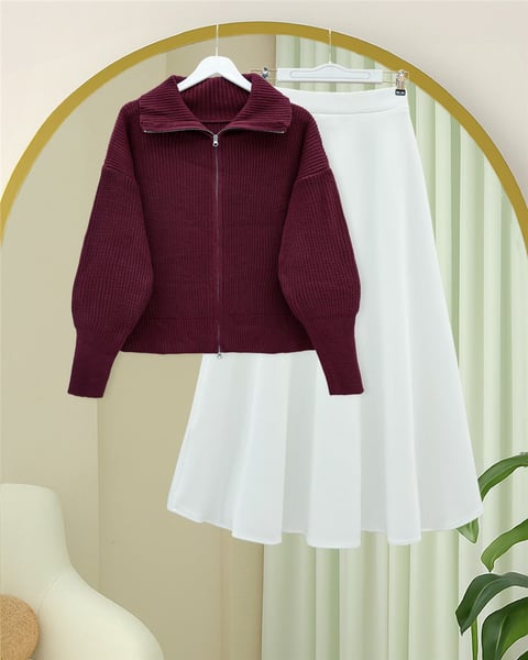 Yarım Boğazlı Fermuarlı Triko Hırka -Bordo-Hırka-109-0887-R04