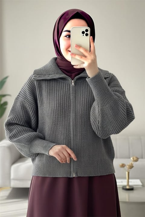 Yarım Boğazlı Fermuarlı Triko Hırka -Füme-Hırka-109-0887-R18