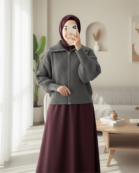 Yarım Boğazlı Fermuarlı Triko Hırka -Füme-Hırka-109-0887-R18