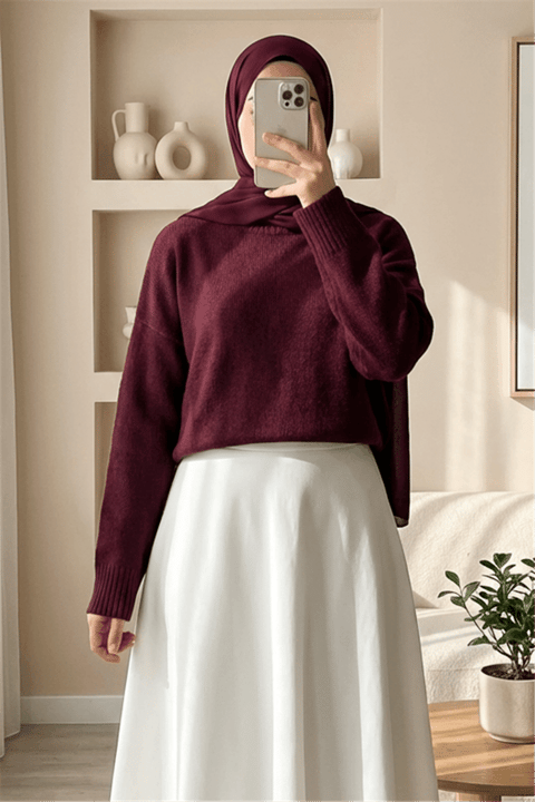 Yarım Boğazlı Salaş Triko Kazak -Bordo-Kazak-109-0823-R04