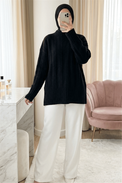 Yarım Boğazlı Şerit Desenli Yumoş Triko Kazak -Siyah-Kazak-109-0953-R01