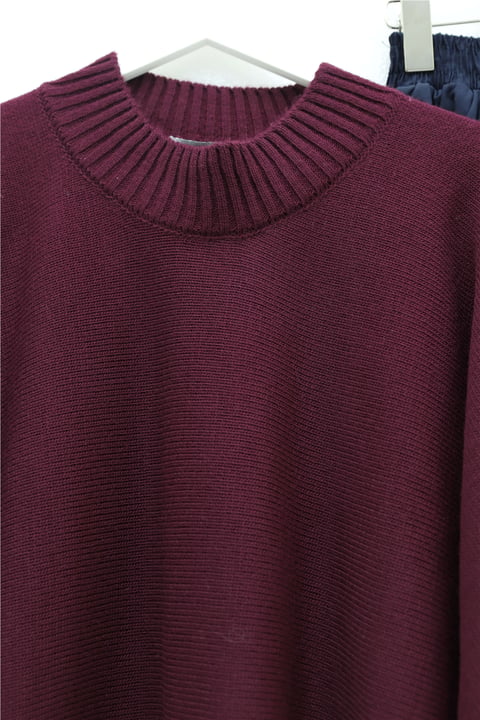 Yarım Boğazlı Yarasa Kol Etek Üstü Triko Kazak -Bordo-Kazak-109-0976-R04