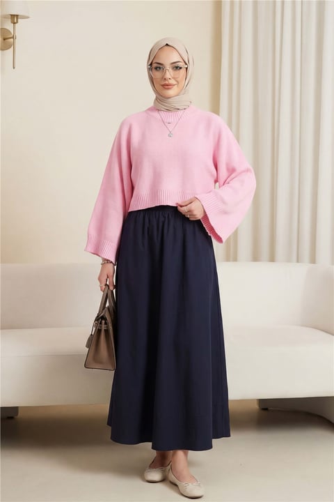 Yarım Boğazlı Yarasa Kol Etek Üstü Triko Kazak -Pembe-Kazak-109-0976-R20