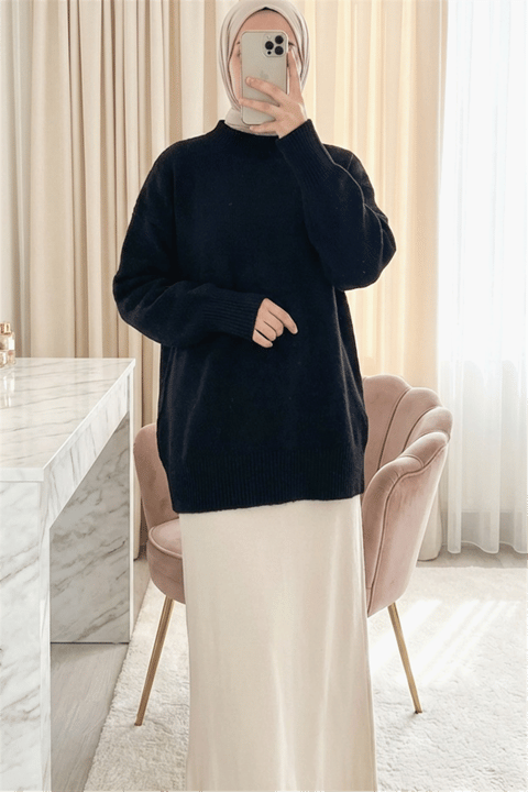 Yarım Boğazlı Yumoş Salaş Triko Kazak -Siyah-Kazak-109-0965-R01
