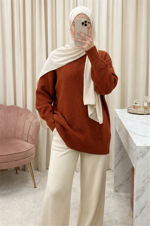 Yarım Boğazlı Yumoş Salaş Triko Kazak -Kiremit-Kazak-109-0965-R30