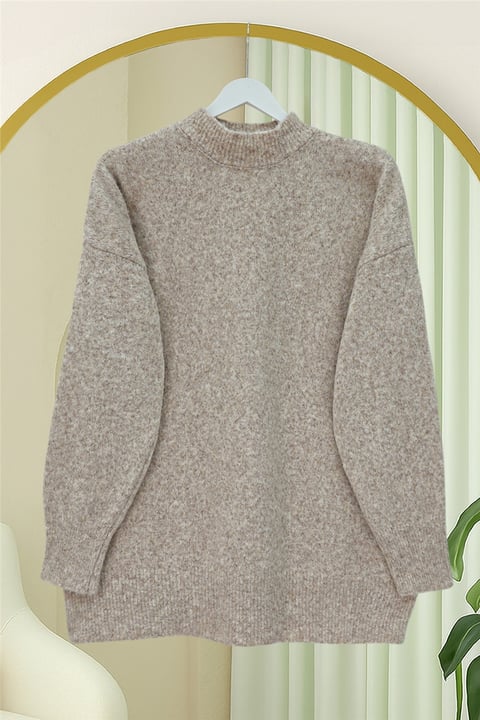 Yarım Boğazlı Yumoş Salaş Triko Kazak  -Bej-Kazak-109-0965-R56