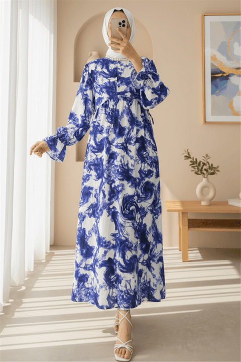 Yarım Düğmeli Beli Bağcıklı Desenli Elbise  -Saks-Elbise-307-2328-R10
