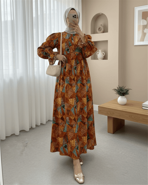Yarım Düğmeli Beli Bağcıklı Desenli Elbise  -Turuncu-Elbise-307-2328-R16