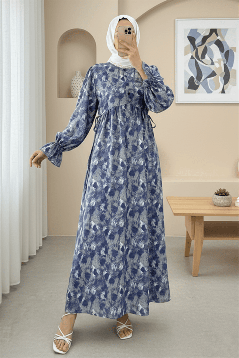 Yarım Düğmeli Beli Bağcıklı Desenli Elbise  -İndigo-Elbise-307-2328-R21