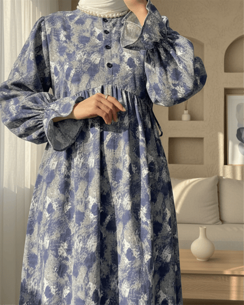 Yarım Düğmeli Beli Bağcıklı Desenli Elbise  -İndigo-Elbise-307-2328-R21