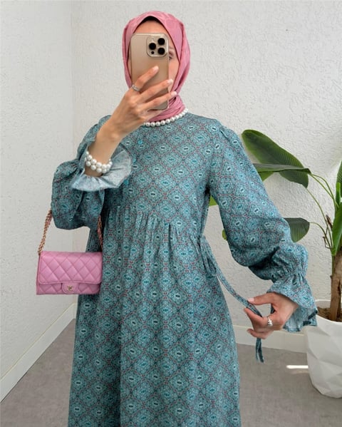 Yarım Düğmeli Beli Bağcıklı Desenli Elbise  -Mint-Elbise-307-2328-R24