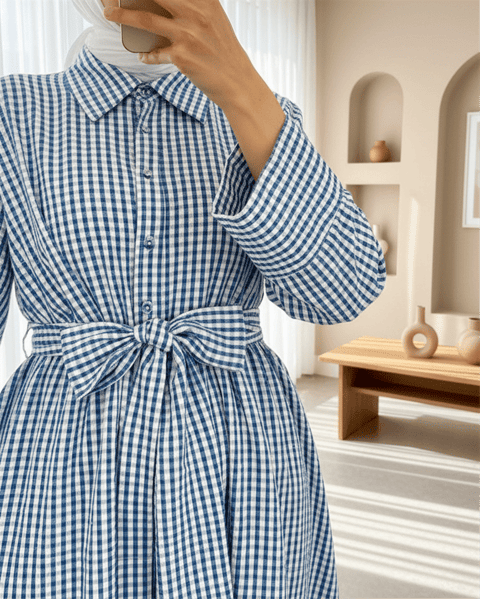 Yarım Düğmeli Beli Bağlamalı Çizgili Elbise -Mavi-Elbise-307-2302-R31