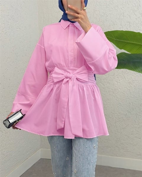 Yarım Düğmeli Beli Bağlamalı Yanı Fermuarlı Tunik  -Pembe-Tunik-120-1613-R20